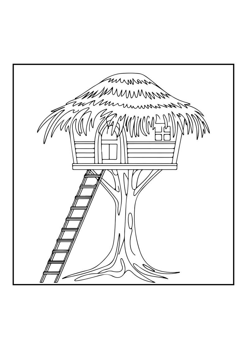Peut inclure: Un dessin au trait noir et blanc repr&eacute;sentant une cabane dans les arbres avec un toit de chaume, une porte centrale et une petite fen&ecirc;tre. La structure est sur&eacute;lev&eacute;e sur un tronc d'arbre et accessible par une longue &eacute;chelle droite.