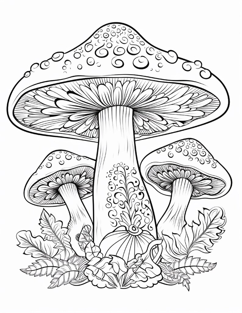 May include: A black and white line art illustration featuring three mushrooms of varying sizes. The central mushroom is the largest, with a wide cap decorated with circular patterns, a thick stalk with intricate scrollwork, and leafy foliage at the base.