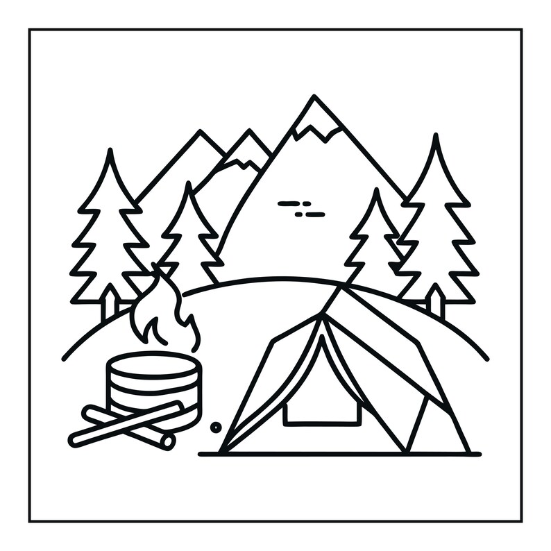 Peut inclure: Une illustration en noir et blanc au trait repr&eacute;sentant une sc&egrave;ne de camping. L'image montre une tente, un feu de camp avec des b&ucirc;ches, plusieurs sapins et une cha&icirc;ne de montagnes en arri&egrave;re-plan, le tout dans un cadre carr&eacute; simple.