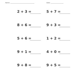 May include: A white educational worksheet titled Addition &bull; Single Digit with lines for Name and Date. It features ten single-digit addition problems arranged in two columns, including 2+3, 8+6, 5+6, 9+1, 9+8, 5+7, 9+3, 1+2, 4+0, and 9+5, with blank lines for answers. The footer reads Single Digit Addition Practice and Page 18 of 100.