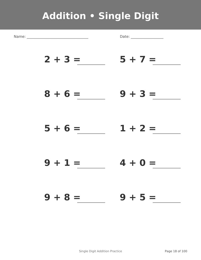 May include: A white educational worksheet titled Addition &bull; Single Digit with lines for Name and Date. It features ten single-digit addition problems arranged in two columns, including 2+3, 8+6, 5+6, 9+1, 9+8, 5+7, 9+3, 1+2, 4+0, and 9+5, with blank lines for answers. The footer reads Single Digit Addition Practice and Page 18 of 100.
