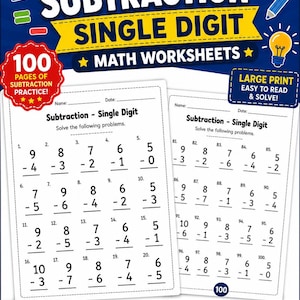 May include: A 100-page subtraction math worksheet set featuring single-digit problems. The cover displays the text 100 PAGE SUBTRACTION SINGLE DIGIT MATH WORKSHEETS, with two sample pages showing numbered problems from 1 to 100, plus icons of a pencil and lightbulb.