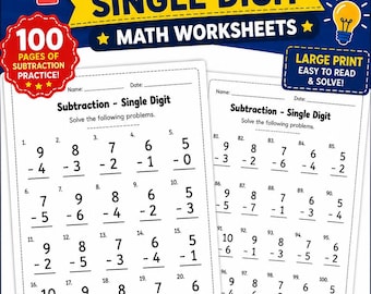 100 Page Single Digit Subtraction Worksheets | Large Print Math Practice (Digital Download)