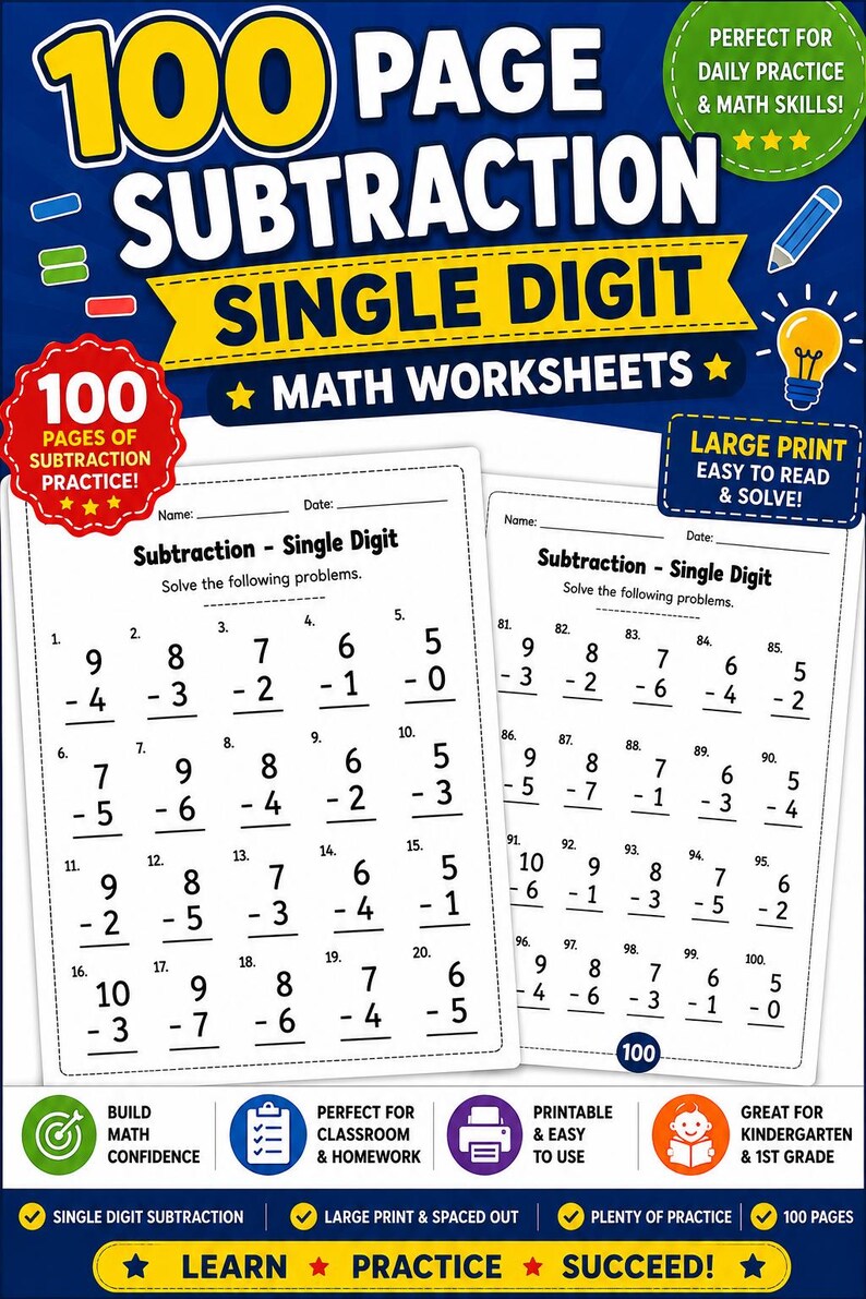 May include: A 100-page subtraction math worksheet set featuring single-digit problems. The cover displays the text 100 PAGE SUBTRACTION SINGLE DIGIT MATH WORKSHEETS, with two sample pages showing numbered problems from 1 to 100, plus icons of a pencil and lightbulb.