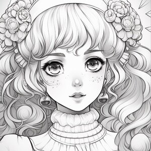 May include: A black and white line art illustration of a person with long wavy hair, wearing a headband adorned with large floral blossoms. The person has large eyes, freckles, and a high-collared ruffled garment. The style is detailed and clean.
