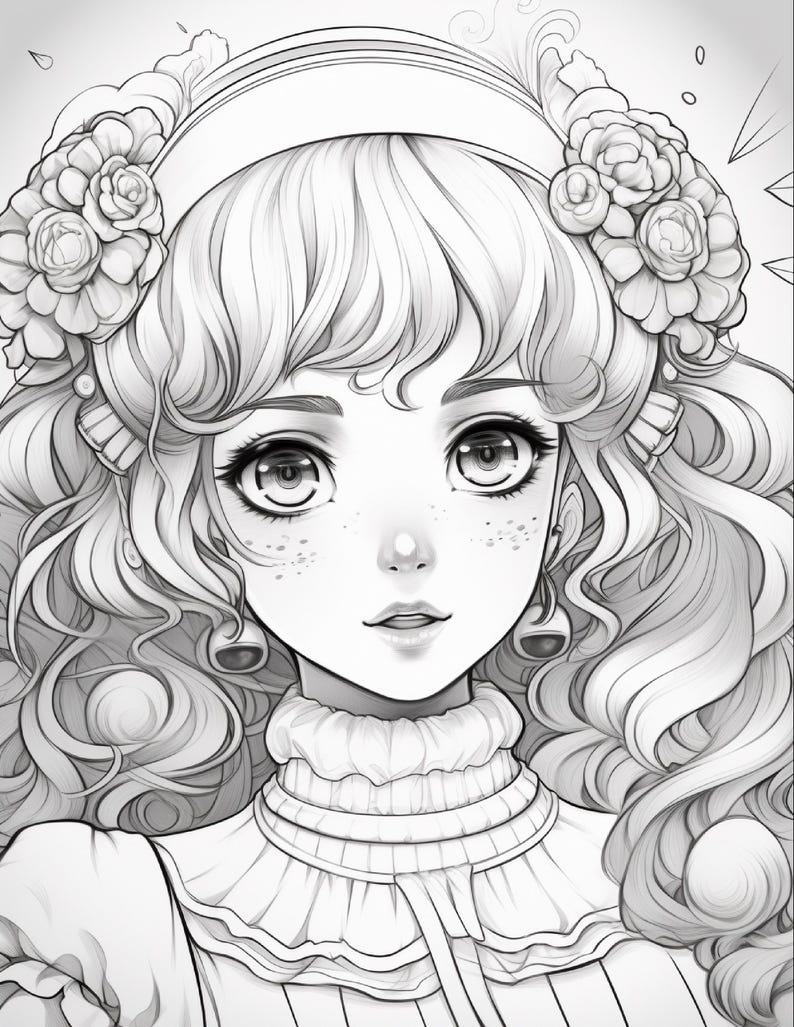 May include: A black and white line art illustration of a person with long wavy hair, wearing a headband adorned with large floral blossoms. The person has large eyes, freckles, and a high-collared ruffled garment. The style is detailed and clean.