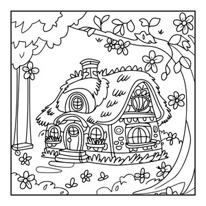 A line art coloring page shows a whimsical cottage with a thatched roof, multiple windows, and a swing hanging from a tree, all surrounded by flowers.