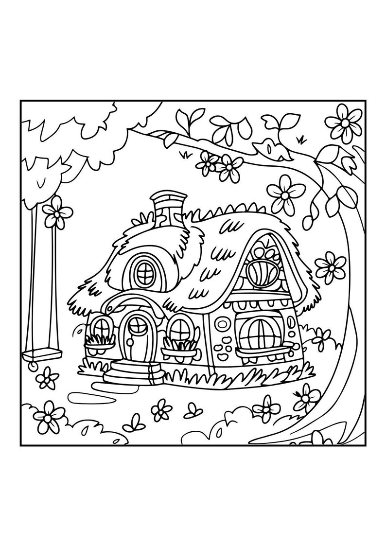 A line art coloring page shows a whimsical cottage with a thatched roof, multiple windows, and a swing hanging from a tree, all surrounded by flowers.