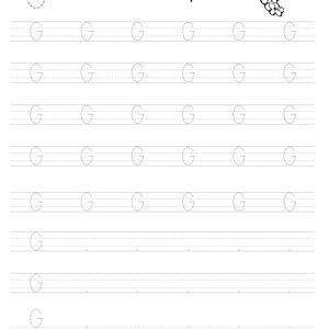 Pode incluir: Uma folha de exerc&iacute;cios educativa em preto e branco para praticar a caligrafia com a letra G. A p&aacute;gina inclui a palavra Grapes, uma pequena ilustra&ccedil;&atilde;o de um cacho de uvas e v&aacute;rias linhas de letras G tracejadas para cobrir.