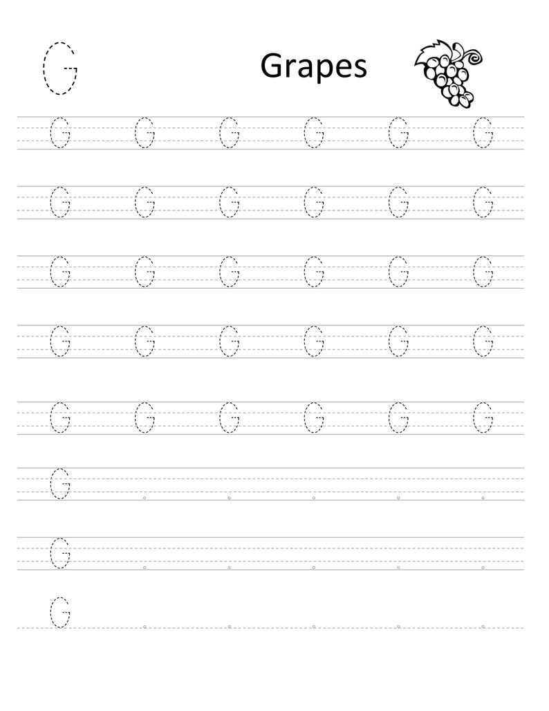 Pode incluir: Uma folha de exerc&iacute;cios educativa em preto e branco para praticar a caligrafia com a letra G. A p&aacute;gina inclui a palavra Grapes, uma pequena ilustra&ccedil;&atilde;o de um cacho de uvas e v&aacute;rias linhas de letras G tracejadas para cobrir.