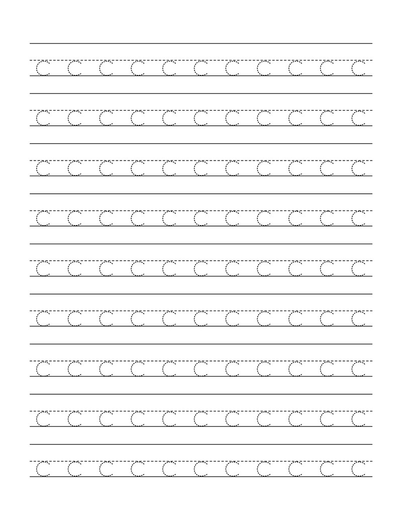 Pode incluir: Uma folha de exerc&iacute;cios branca com nove linhas horizontais de linhas tracejadas pretas. Cada linha cont&eacute;m uma s&eacute;rie de letras C mai&uacute;sculas repetidas formadas por linhas tracejadas, concebidas para a pr&aacute;tica de caligrafia e tra&ccedil;ado.