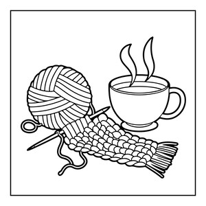 May include: A black and white line art illustration featuring a round ball of yarn with a single knitting needle inserted through it, attached to a partially knitted fabric piece, positioned next to a steaming cup of hot beverage.