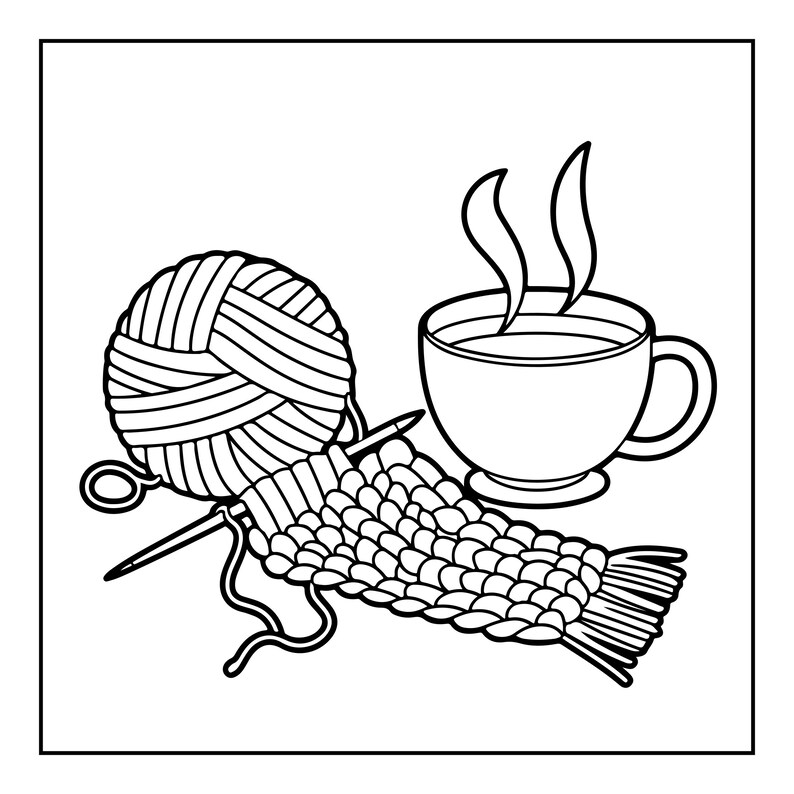 May include: A black and white line art illustration featuring a round ball of yarn with a single knitting needle inserted through it, attached to a partially knitted fabric piece, positioned next to a steaming cup of hot beverage.