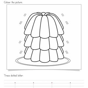 Op de afbeelding: Een zwart-wit educatief werkblad met de tekst Topic: Letter 'j' Worksheet, Student Name, Date, Colour the picture en Trace dotted letter. De pagina bevat een lijntekening van een gelei en vier gestippelde letters j om over te trekken.