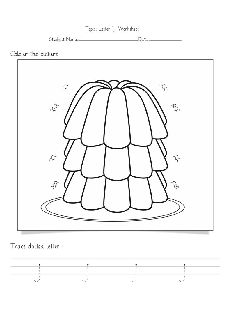 Op de afbeelding: Een zwart-wit educatief werkblad met de tekst Topic: Letter 'j' Worksheet, Student Name, Date, Colour the picture en Trace dotted letter. De pagina bevat een lijntekening van een gelei en vier gestippelde letters j om over te trekken.