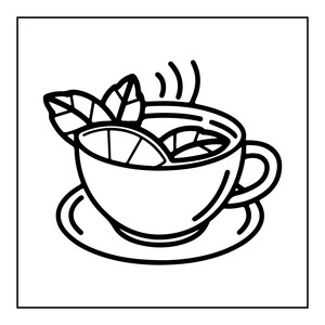 May include: A black and white line art illustration of a tea cup resting on a saucer. The cup contains slices of citrus fruit and leaves, with three curved lines above the rim representing steam rising from the hot beverage inside the cup.