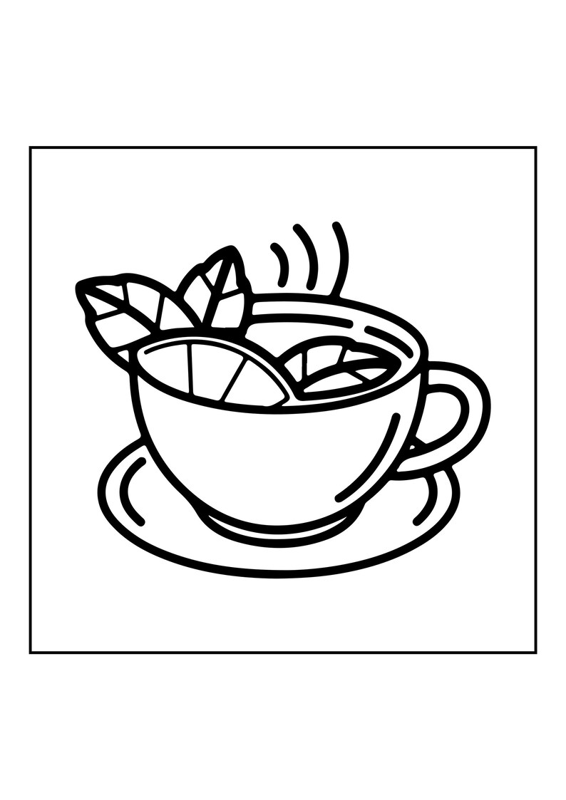 May include: A black and white line art illustration of a tea cup resting on a saucer. The cup contains slices of citrus fruit and leaves, with three curved lines above the rim representing steam rising from the hot beverage inside the cup.