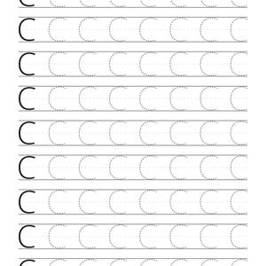 May include: A white educational worksheet featuring nine horizontal rows of the uppercase letter C. Each row begins with a solid black letter C followed by eight dashed-line versions of the same letter, designed for handwriting practice.