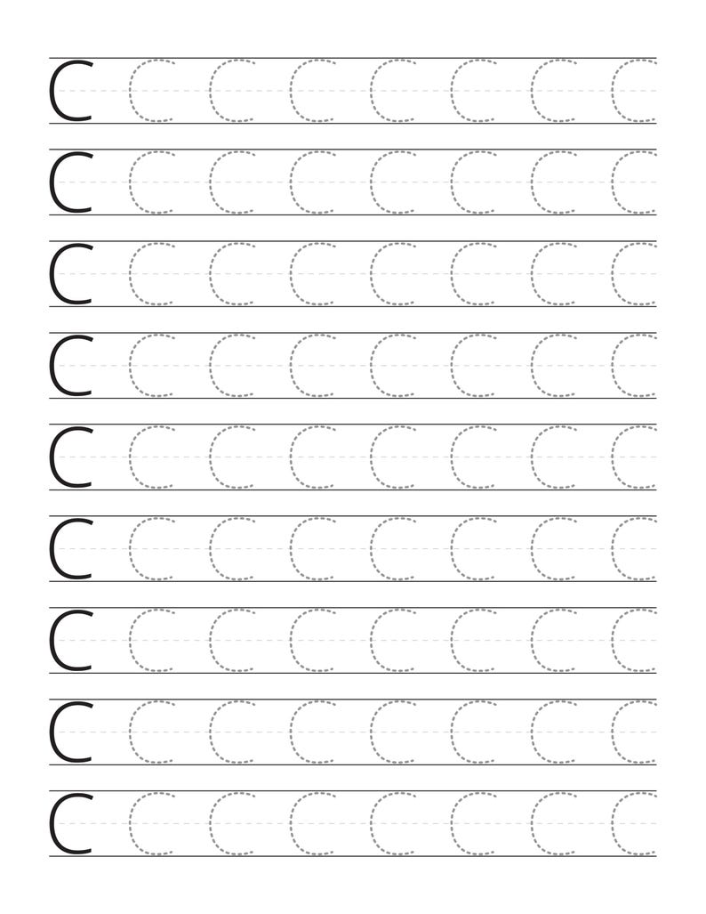 May include: A white educational worksheet featuring nine horizontal rows of the uppercase letter C. Each row begins with a solid black letter C followed by eight dashed-line versions of the same letter, designed for handwriting practice.
