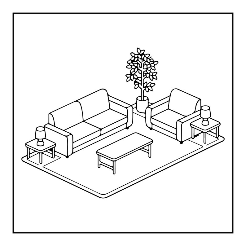 K&ouml;nnte beinhalten: Eine isometrische schwarz-wei&szlig;e Strichzeichnung eines Wohnzimmerm&ouml;bel-Sets. Die Anordnung umfasst ein Sofa, einen Sessel, einen rechteckigen Couchtisch, zwei kleine Beistelltische mit Lampen und eine Topfpflanze auf einem gro&szlig;en Teppich.