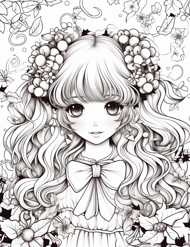 Anime Girl Coloring Book | 200 Pages, Relaxation, Printable PDF (Digital Download) image 5