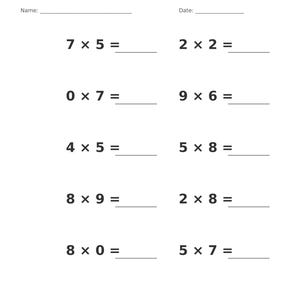 May include: A white educational worksheet titled Multiplication &bull; Single Digit with a grey header. It features ten single-digit multiplication problems with blank lines for answers, plus fields for Name and Date. The footer reads Multiplication &bull; Single Digit Practice and Page 8 of 100.