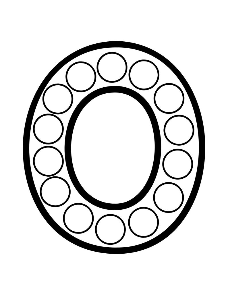 Black and white outline of the uppercase letter O filled with circular dot marker spaces.