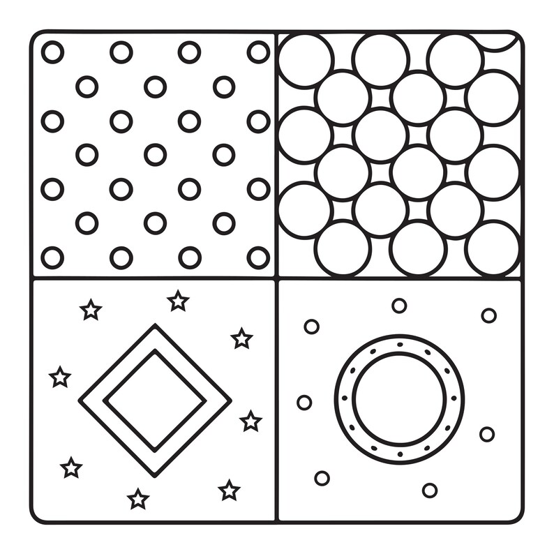 May include: A square graphic divided into four quadrants, each featuring a distinct black and white pattern: small circles, large overlapping circles, a central diamond surrounded by small stars, and a large circle with a dotted border.