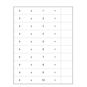Peut inclure: Une feuille d'exercices &eacute;ducative en noir et blanc intitul&eacute;e Math Tables pr&eacute;sentant une table de multiplication pour le chiffre quatre. Le document liste les &eacute;quations de 4 x 1 &agrave; 4 x 10 avec des cases vides &agrave; droite pour les r&eacute;ponses.