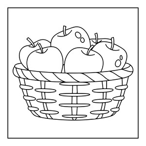 May include: A black and white line art illustration of a woven basket filled with five round apples. Each apple features a small stem and a simple circular highlight. The basket has a textured, cross-hatched pattern with a thick, braided rim.