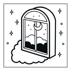 Op de afbeelding: Een zwart-wit lijntekening van een boogvormig raamkozijn dat op een wolk zweeft. Binnenin het raam zijn een maansikkel en kleine stippen die sterren voorstellen zichtbaar. De omgeving is voorzien van verschillende vierpuntige stervormen.