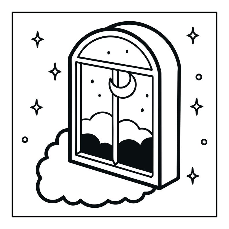 Op de afbeelding: Een zwart-wit lijntekening van een boogvormig raamkozijn dat op een wolk zweeft. Binnenin het raam zijn een maansikkel en kleine stippen die sterren voorstellen zichtbaar. De omgeving is voorzien van verschillende vierpuntige stervormen.