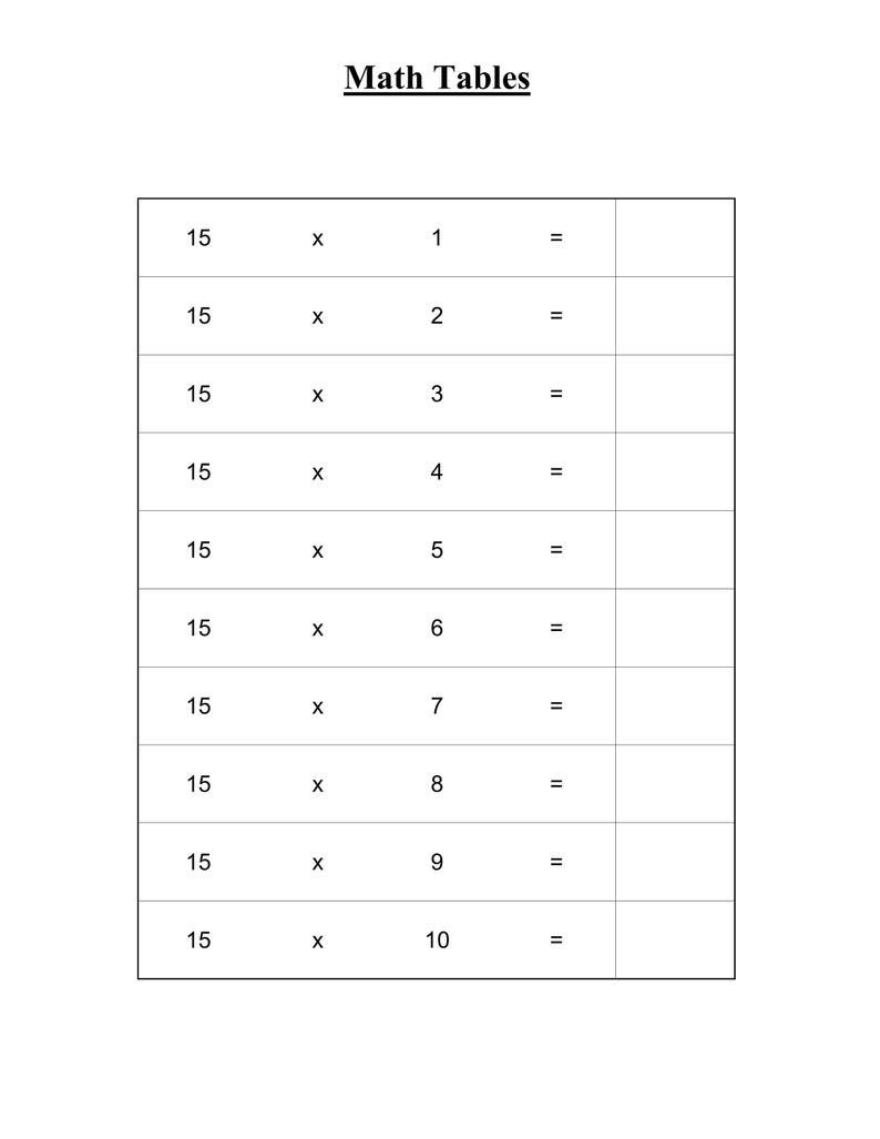 Peut inclure: Une feuille d'exercices &eacute;ducative blanche intitul&eacute;e Math Tables pr&eacute;sentant une table de multiplication pour le nombre 15. Le document liste les &eacute;quations de 15 x 1 &agrave; 15 x 10 avec des cases vides &agrave; droite pour inscrire les r&eacute;ponses num&eacute;riques.