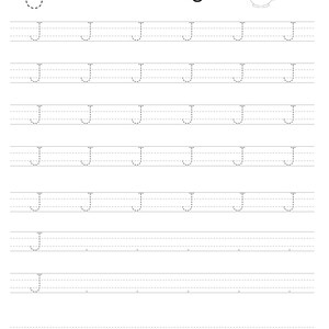 Pode incluir: Uma folha de exerc&iacute;cios educativa branca para praticar a letra J, apresentando a letra mai&uacute;scula J, a palavra Jug e um pequeno desenho de linha de um jarro. A p&aacute;gina cont&eacute;m sete linhas de letras J mai&uacute;sculas pontilhadas.