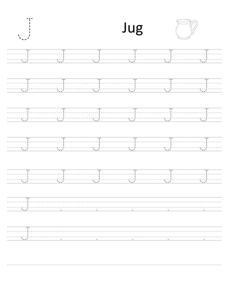 Pode incluir: Uma folha de exerc&iacute;cios educativa branca para praticar a letra J, apresentando a letra mai&uacute;scula J, a palavra Jug e um pequeno desenho de linha de um jarro. A p&aacute;gina cont&eacute;m sete linhas de letras J mai&uacute;sculas pontilhadas.