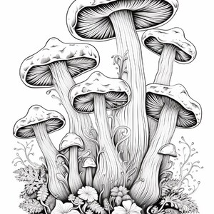 May include: A black and white line art illustration featuring a cluster of mushrooms of varying sizes. The drawing displays detailed gills under the caps, textured stems, and small leafy plants and flowers growing at the base of the fungi.