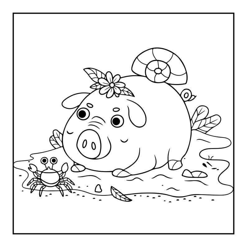 K&ouml;nnte beinhalten: Eine schwarz-wei&szlig;e Strichzeichnung eines runden Schweins, das in einer Pf&uuml;tze sitzt. Das Schwein tr&auml;gt eine Blume auf dem Kopf und eine Muschel auf dem R&uuml;cken. Ein kleiner Krebs mit erhobenen Scheren befindet sich im Vordergrund neben Bl&auml;ttern.