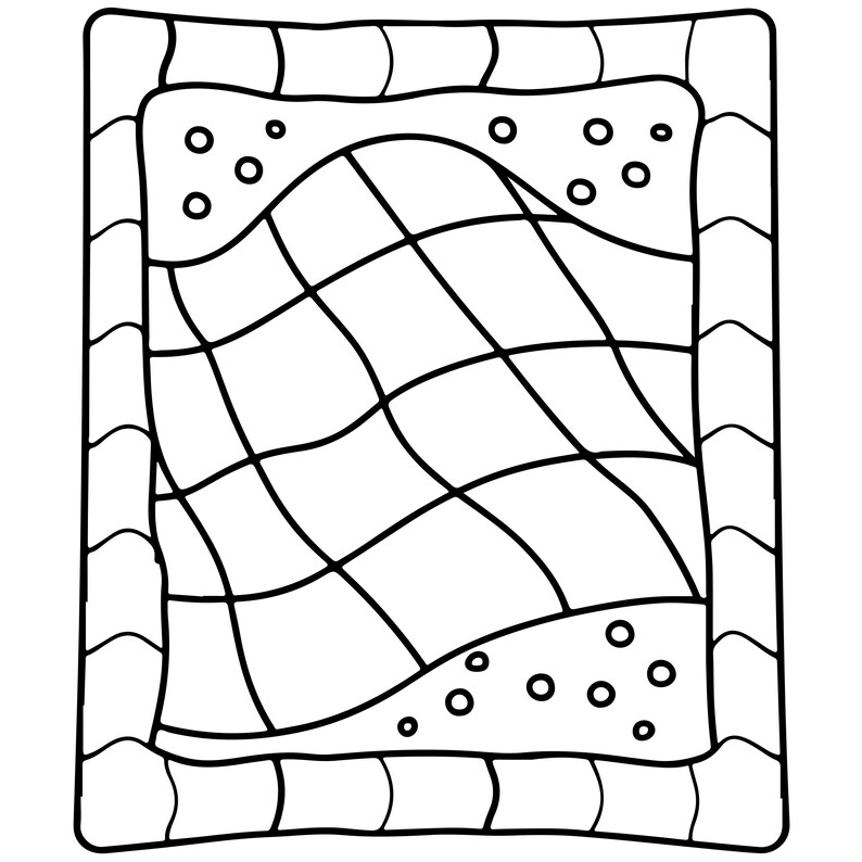 May include: A square black and white line art drawing of a cushion featuring a central grid pattern with wavy lines. The cushion has a decorative border composed of repeating curved segments and small circular accents in the top and bottom corners.