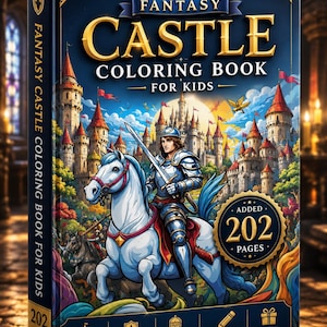 Op de afbeelding: Een hardcover kleurboek getiteld Fantasy Castle Coloring Book for Kids met een donkerblauwe kaft. De voorkant toont een ridder op een wit paard, een groot kasteel en een gouden badge met de tekst 202 pages op de omslag.