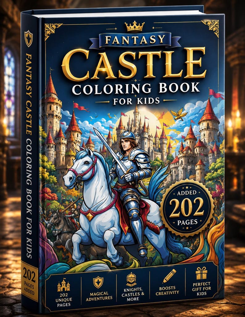 Op de afbeelding: Een hardcover kleurboek getiteld Fantasy Castle Coloring Book for Kids met een donkerblauwe kaft. De voorkant toont een ridder op een wit paard, een groot kasteel en een gouden badge met de tekst 202 pages op de omslag.