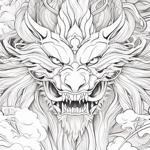 Puede incluir: Una ilustraci&oacute;n detallada en blanco y negro de una cabeza de drag&oacute;n mirando al frente. El drag&oacute;n presenta dientes afilados, una expresi&oacute;n amenazante y una melena fluida. Patrones de nubes estilizadas rodean la parte inferior de la criatura.