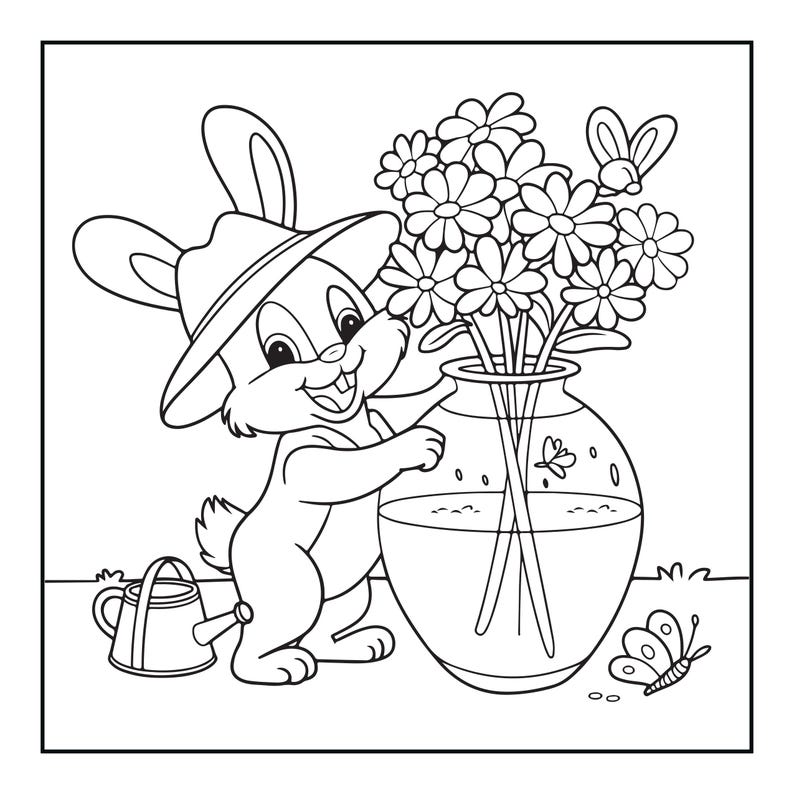 May include: A black and white line art coloring page featuring a cartoon rabbit wearing a hat, standing next to a large glass vase filled with a bouquet of daisies. A small watering can sits on the ground nearby, and a butterfly rests on a flower.