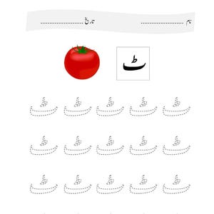 May include: An educational worksheet featuring the Urdu text 'حروف تہجی' at the top, with blank lines for name and date. It displays a red tomato illustration, the Urdu letter 'ط', and four rows of dotted outlines of the same letter for tracing.