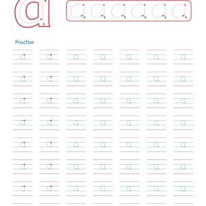 以下が含まれることがあります： 小文字の「a」の書き方を学ぶためのワークシート。番号付きのストローク方向が示された大きな赤い「a」、なぞり書き用の点線の「a」の列、そして「a」を練習するための罫線グリッドが記載されています。