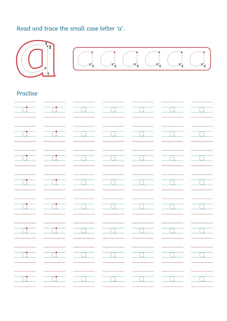 以下が含まれることがあります： 小文字の「a」の書き方を学ぶためのワークシート。番号付きのストローク方向が示された大きな赤い「a」、なぞり書き用の点線の「a」の列、そして「a」を練習するための罫線グリッドが記載されています。