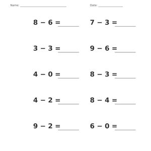 May include: A white educational worksheet titled Subtraction &bull; Single Digit with a gray header. It features ten math problems with blank lines for answers, including 8-6, 7-3, 3-3, 9-6, 4-0, 8-3, 4-2, 8-4, 9-2, and 6-0. Includes Name and Date fields.
