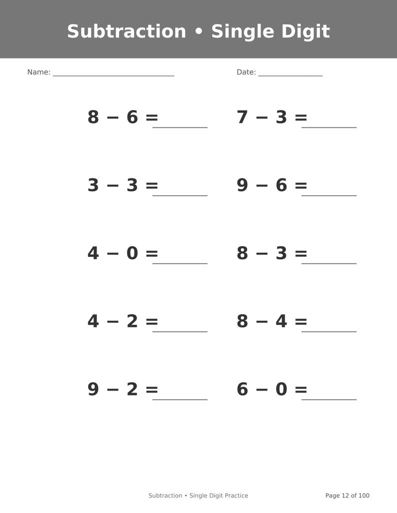 May include: A white educational worksheet titled Subtraction &bull; Single Digit with a gray header. It features ten math problems with blank lines for answers, including 8-6, 7-3, 3-3, 9-6, 4-0, 8-3, 4-2, 8-4, 9-2, and 6-0. Includes Name and Date fields.