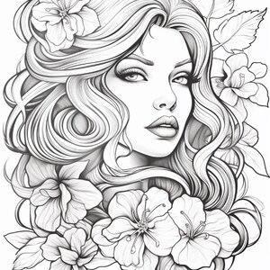 May include: A black and white line art illustration featuring a portrait of a person with long, wavy hair adorned with multiple large, detailed flowers and leaves. The drawing uses fine, clean lines to define the facial features and petals.