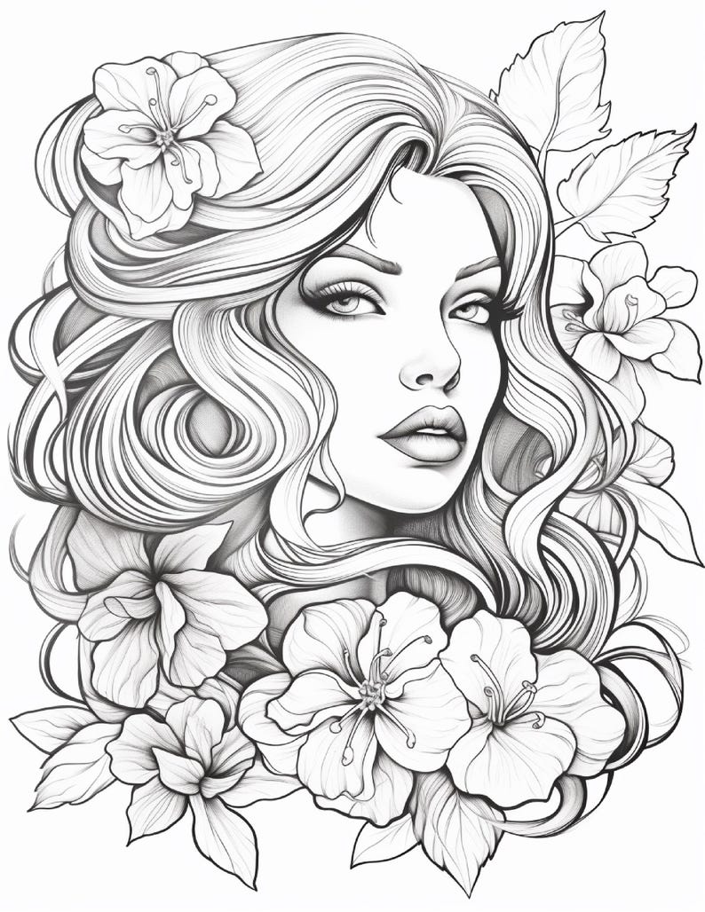 May include: A black and white line art illustration featuring a portrait of a person with long, wavy hair adorned with multiple large, detailed flowers and leaves. The drawing uses fine, clean lines to define the facial features and petals.