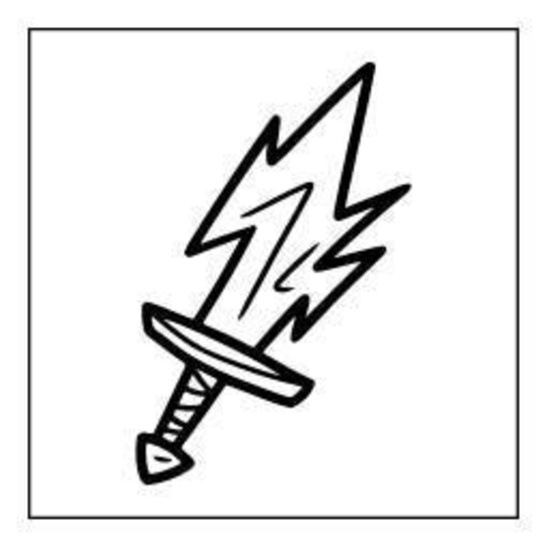 A line art drawing of a lightning bolt-shaped sword with a simple hilt, set against a square background.